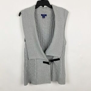 Chaps Cable Knit Shawl Collar Buckle Front Sweater Vest Womens L Gray Cotton